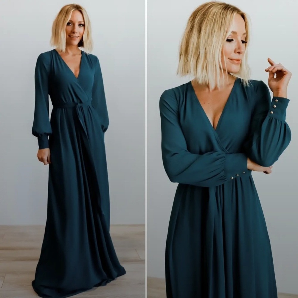 Baltic Born Women's Lydia Maxi Dress Green Long Sleeve V-Neck Tie Waist Gown- XS